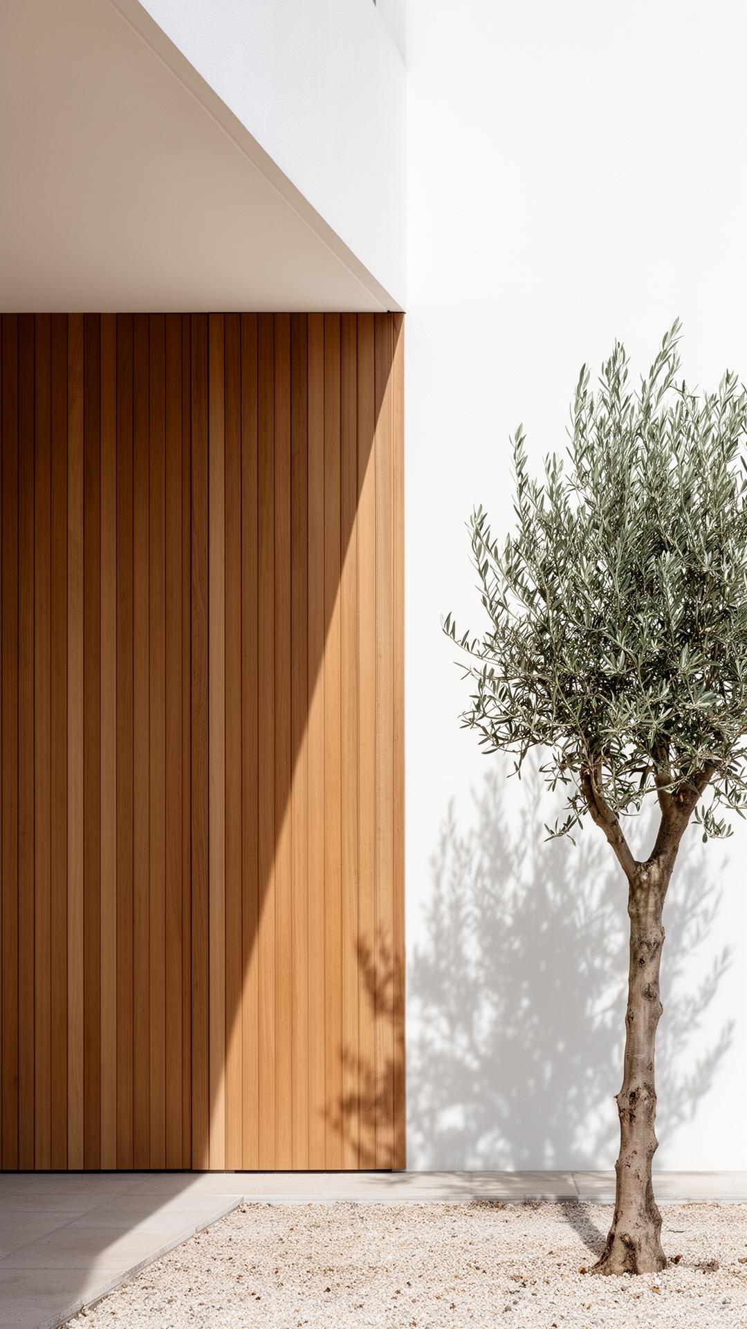 Architectural detail of a modern home with wood cladding and an olive tree