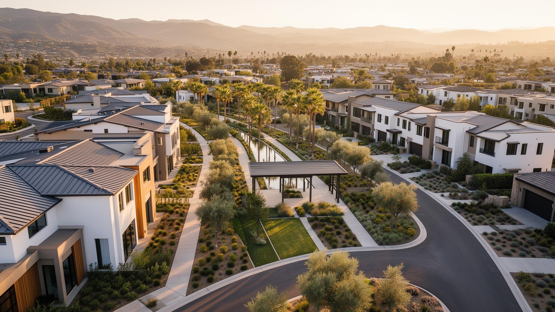 Aerial view of a California master-planned community at golden hour