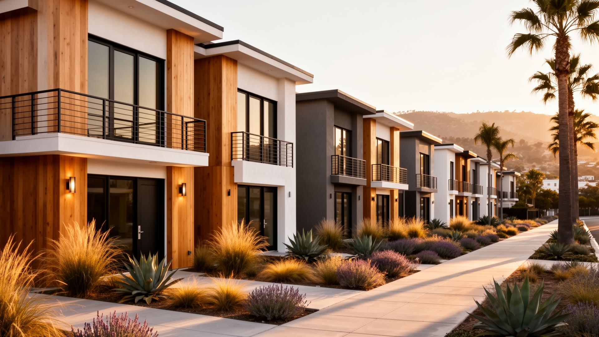 Quiet streetscape of California townhomes with stucco facades, palms, and crape myrtles