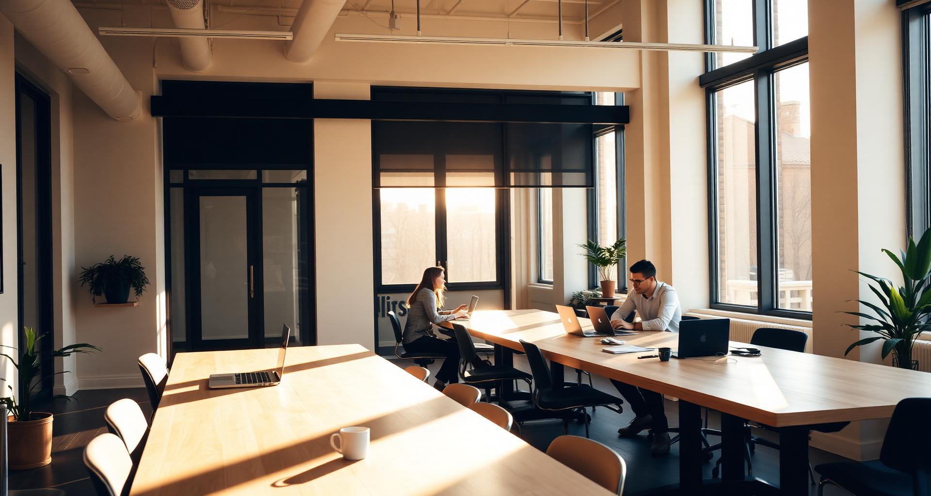 Modern collaborative office in warm sunlight