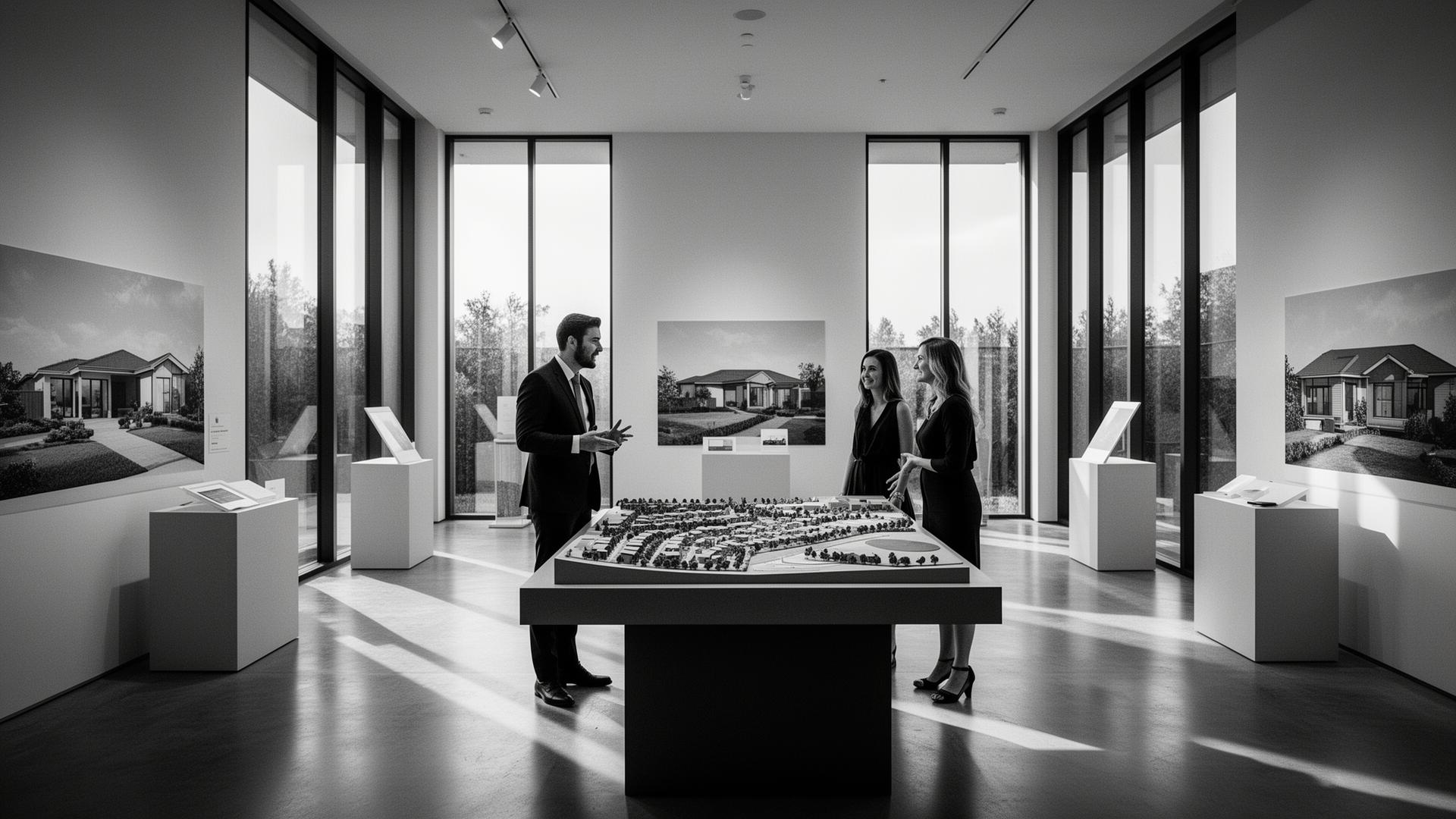 Warm sunlight pouring into a modern new-home sales gallery