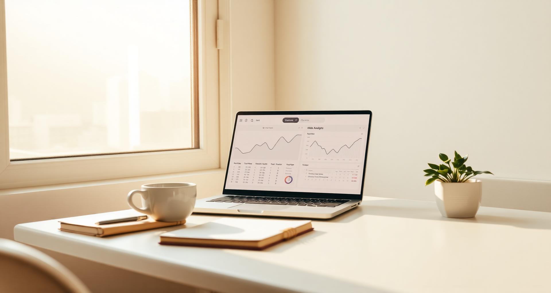 A laptop showing soft analytics in warm morning light