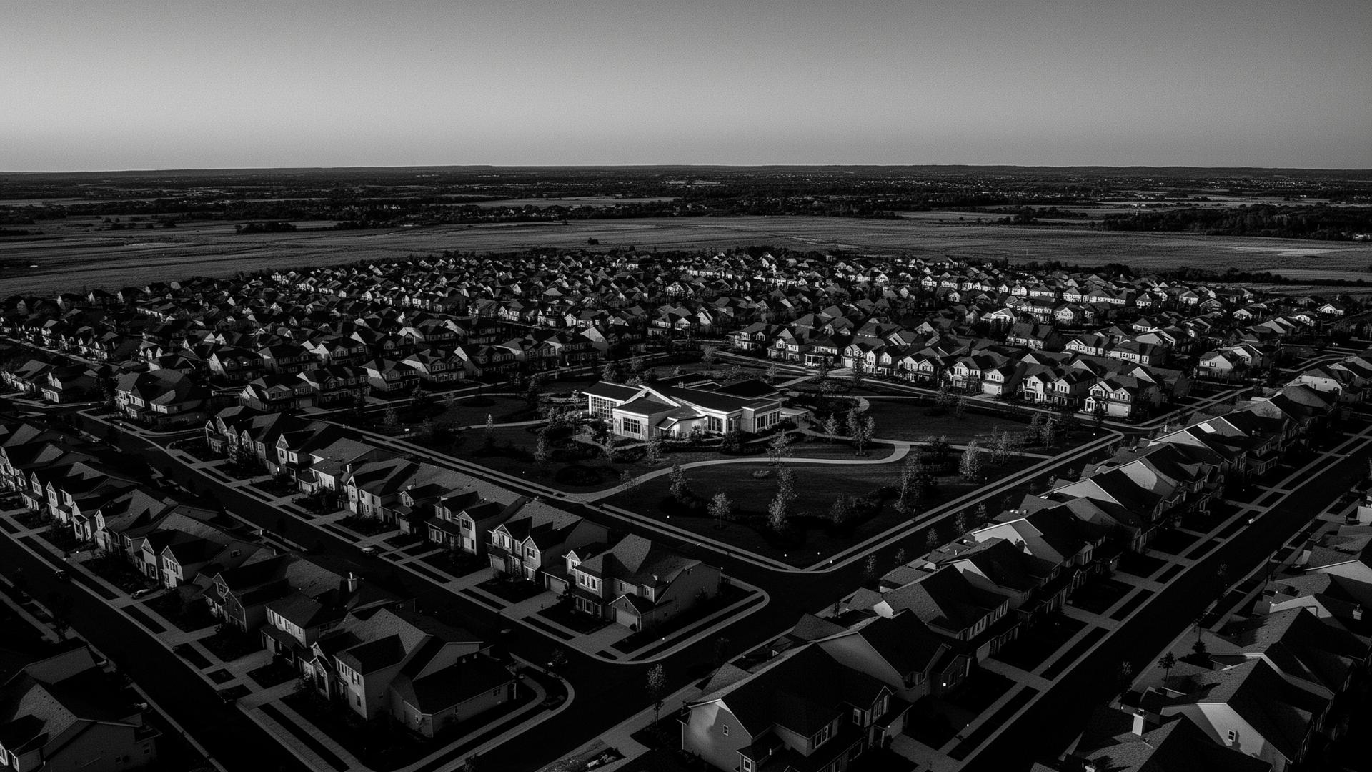 Aerial twilight view of a master-planned residential community